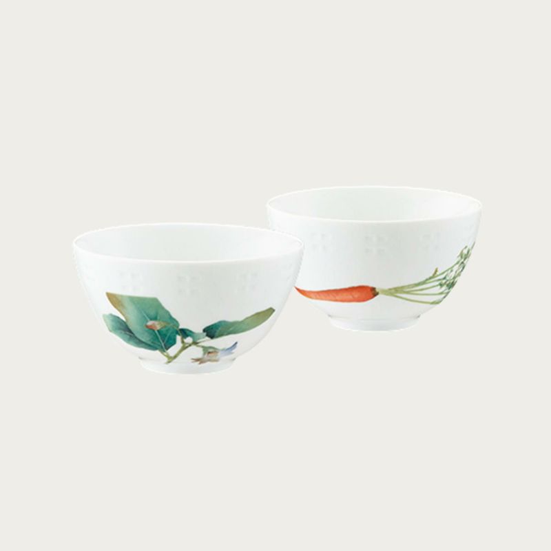 Noritake ノリタケ 飯碗 (絵変り ペアセット) 345cc 京香旬彩 電子レンジ対応 食洗機対応 2個 金時人参 加茂茄子