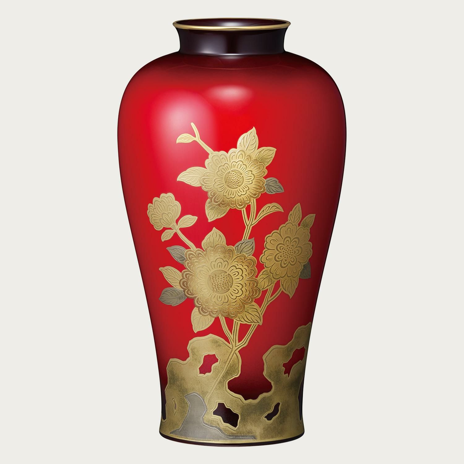 古い辰砂薔薇画ノリタケ花瓶/オールド昭和レトロ真紅ボーンチャイナ/茶 